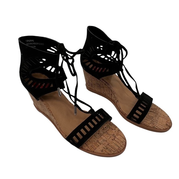 Black Lace Up Loraine Open Toe Sandal Wedge Heels Sandals Size 7.5 Women’s - Picture 1 of 7